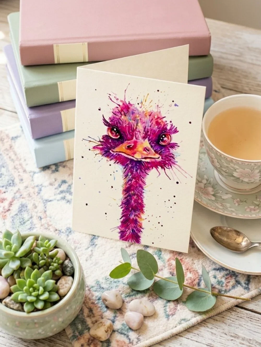Santoro London Quirky Ostrich Greeting Card - Watercolor Blank Note Card
